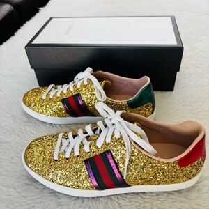 Gucci Ace Gold  Sneakers with Glitter Finish Italy size 37.5 US 7.5 w/ box